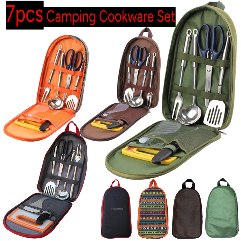 Camping Cooking And Cutlery Set - 7pcs Camping Kitchen Utensil Set with